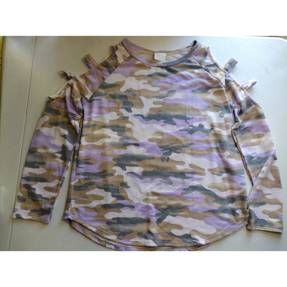 Sew in‎ Love Womens Camo Cold Shoulder Top Lavender Tan Grey Large L